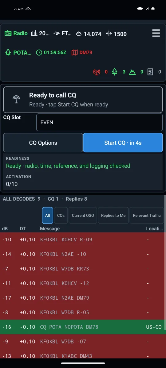 CQFTx on Android, showing radio controls, CQ workflow, and decoded FT8 messages