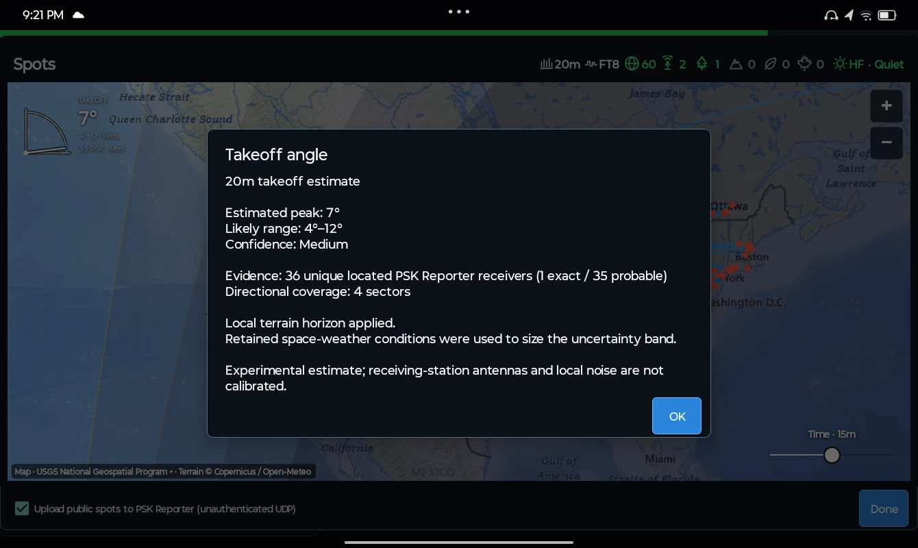 Estimate your takeoff angle. See an experimental takeoff estimate with a likely range, confidence, and the receiver evidence behind it.