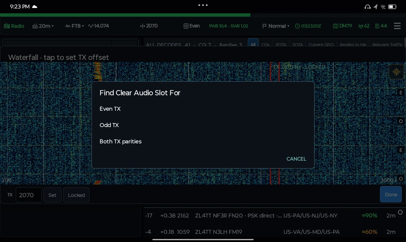 Check the slots you plan to use. Search even transmit slots, odd slots, or both parities from the waterfall.