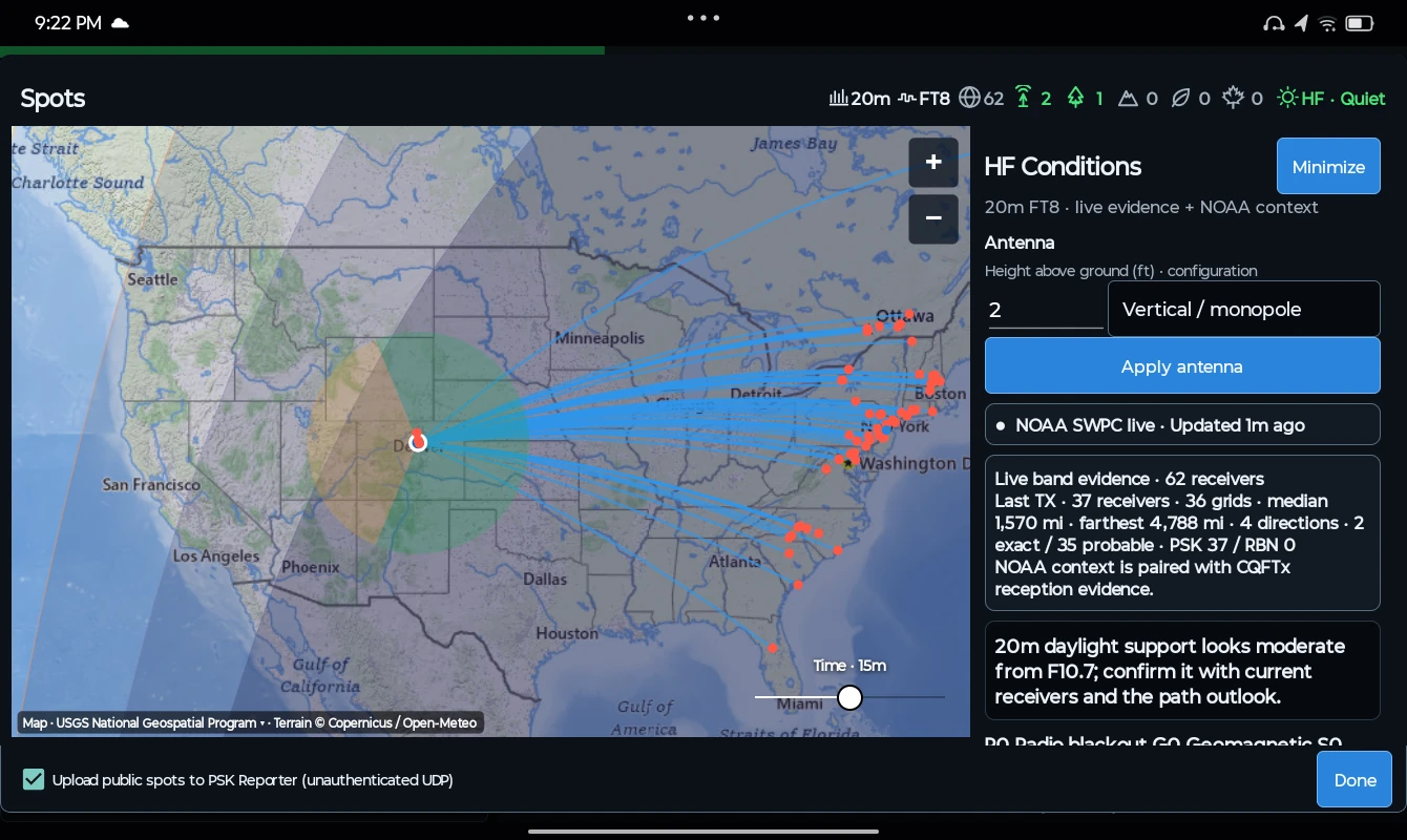 Put propagation in context. Bring NOAA conditions, antenna settings, terrain context, and live receiver evidence together beside the map.