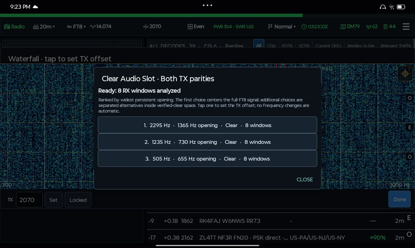 Find a clear audio slot. Let the offset finder analyze receive windows and rank persistent openings. Choose a suggestion to set your TX offset.