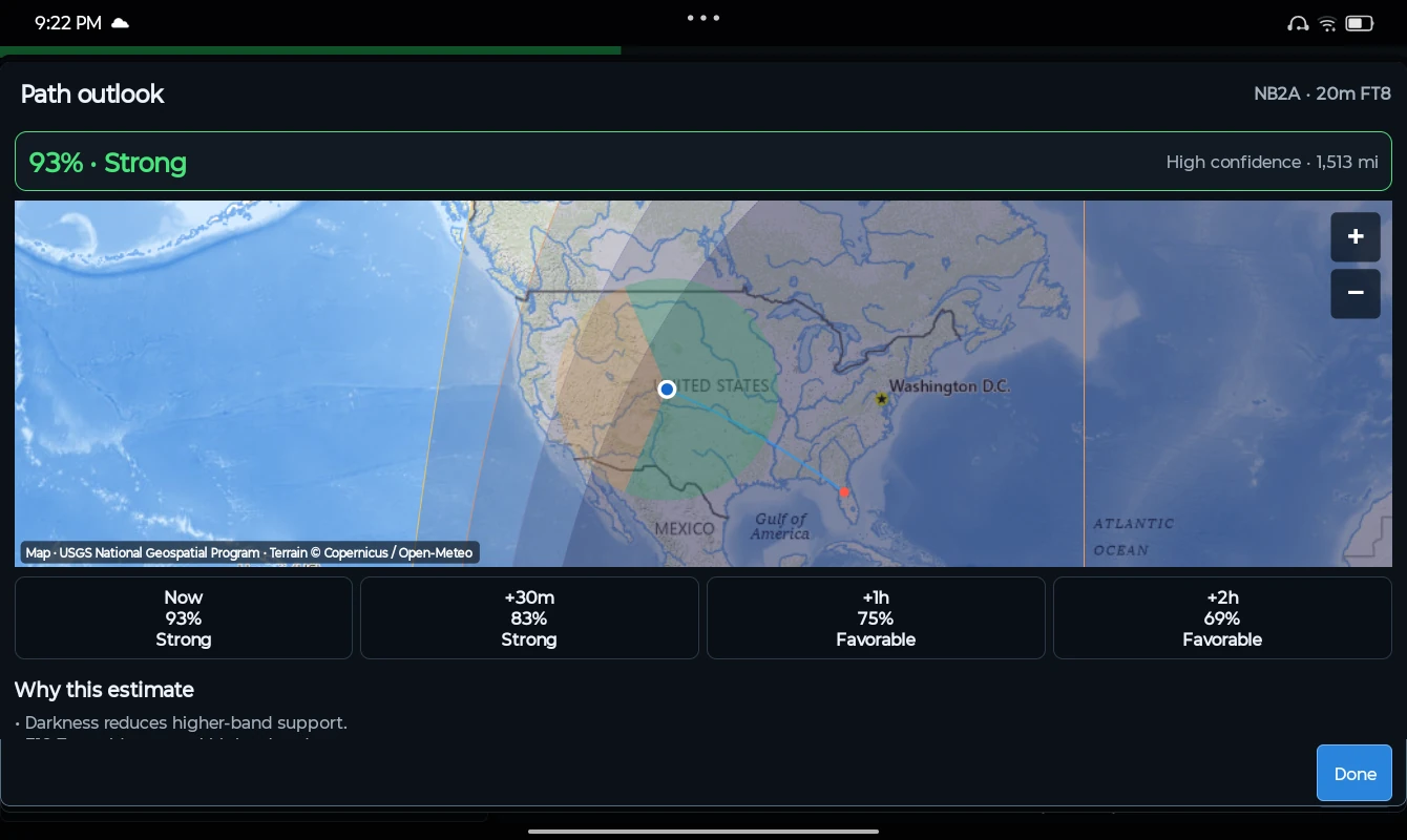 Look ahead along an RF path. Compare experimental path opportunities now, in 30 minutes, and one or two hours ahead.