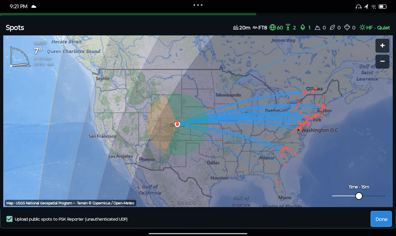 See where your signal goes. Follow reception reports on the Spots map, with paths, day and night shading, and local terrain context.
