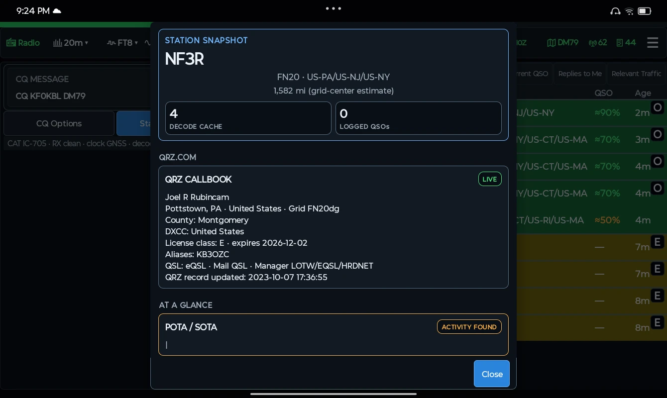 Get to know a station. Open a station snapshot for location, decode history, logged contacts, and QRZ Callbook details when configured.