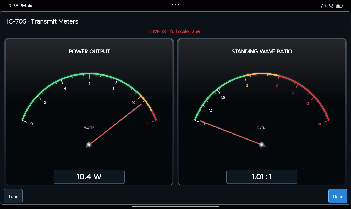 Keep an eye on your station. Live power and SWR meters on supported radios. This IC-705 capture shows 10.4 W and 1.01:1 SWR.