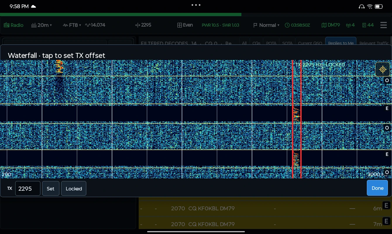 Read the band at a glance. See signals and transmit intervals in the waterfall, with your selected audio offset clearly marked.